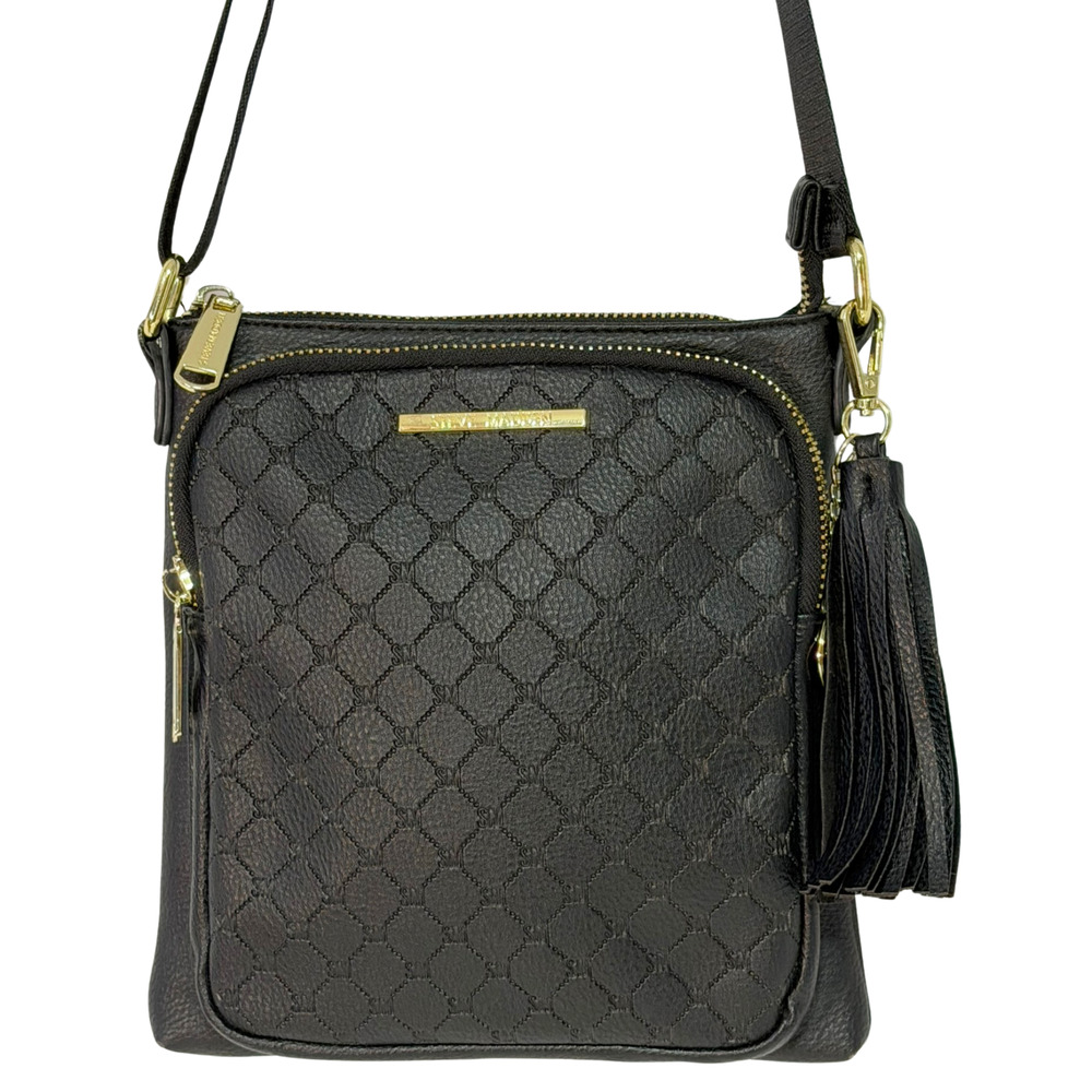 Steve Madden Crossbody Purse Black Quilted Faux Leather Gold Zippers Logo Strap